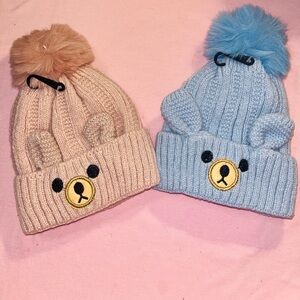 Adorable Bear Knit Beanie Set - Pink and Blue
